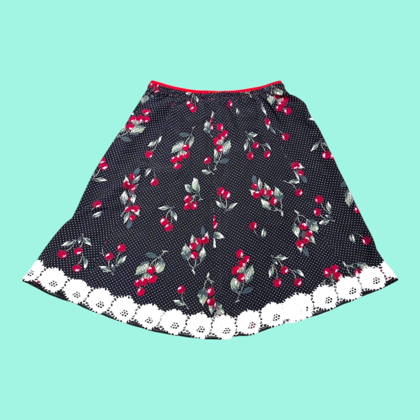 Cherry Dot Skirt with Bead & Lace Trim