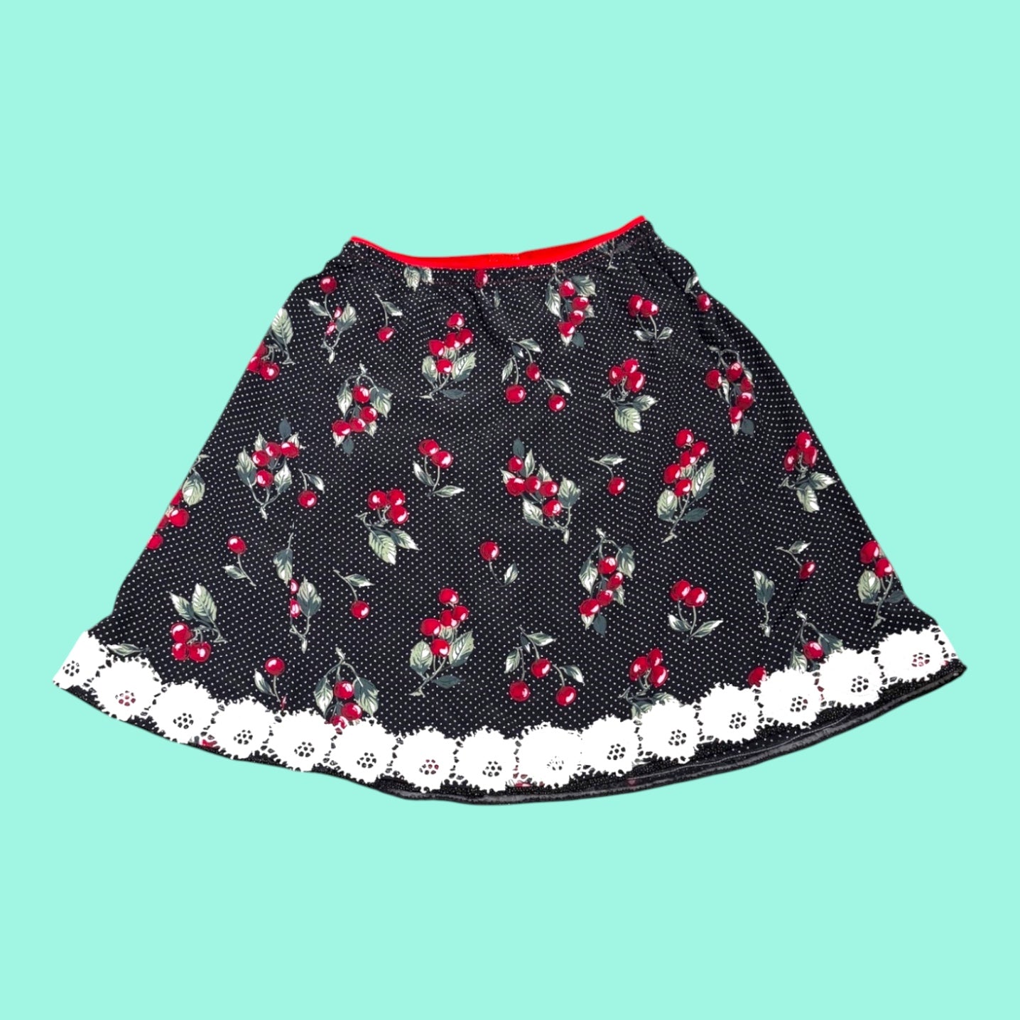 Cherry Dot Skirt with Bead & Lace Trim