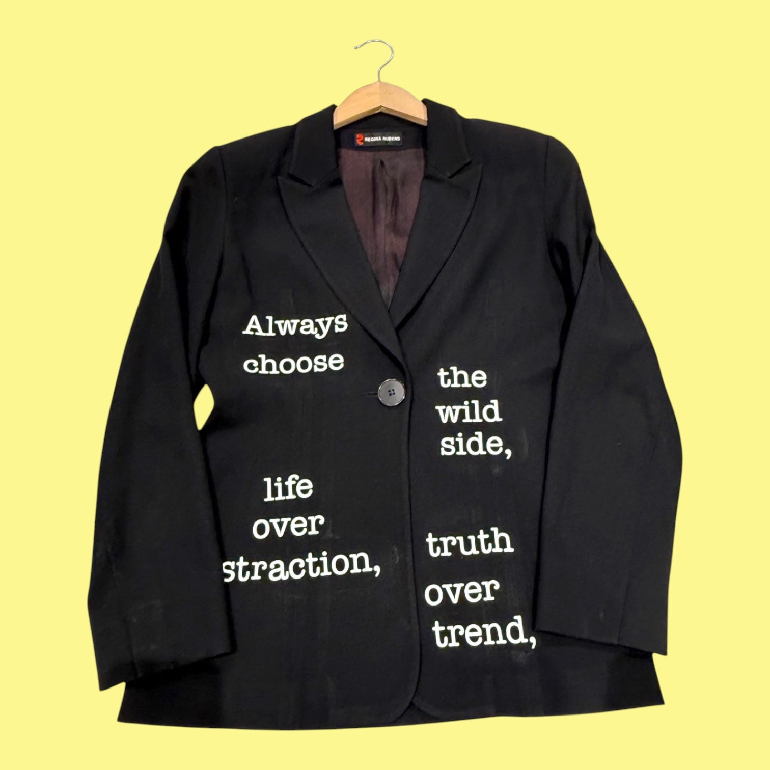 Blue Greenie black Regina Rubens blazer featuring white vinyl quote text on the front