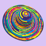 Blue Greenie large brim hat made from colorful tie-dye t-shirt strips in a spiral pattern, 19.5 inch diameter.