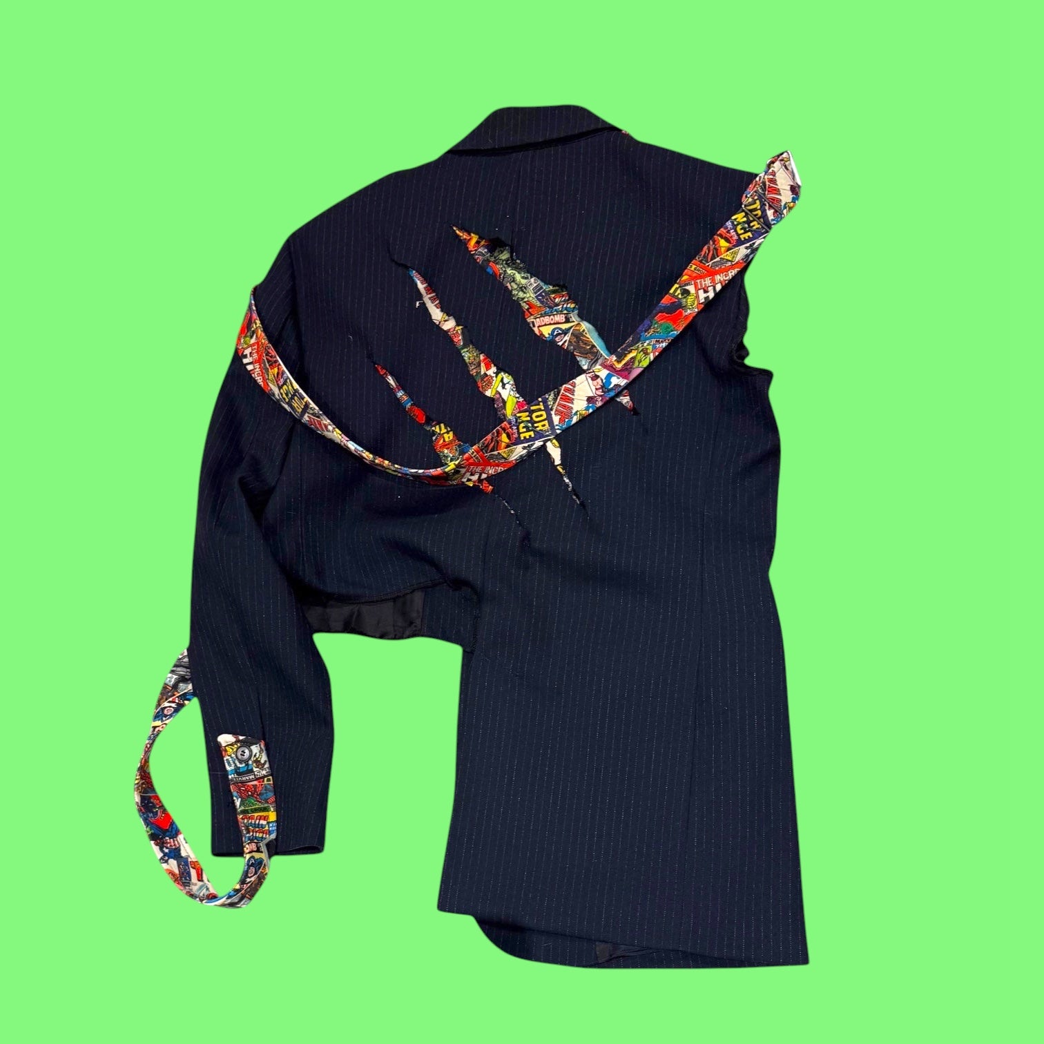 Blue Greenie deconstructed navy pinstripe blazer featuring colorful Marvel comic book print fabric accents