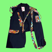 Blue Greenie deconstructed pinstripe blazer featuring colorful Marvel comic book character patches and hanging straps.