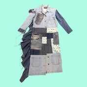 Blue Greenie denim patchwork coat featuring mixed wash denim panels, floral fabric accents, and frayed side detail.