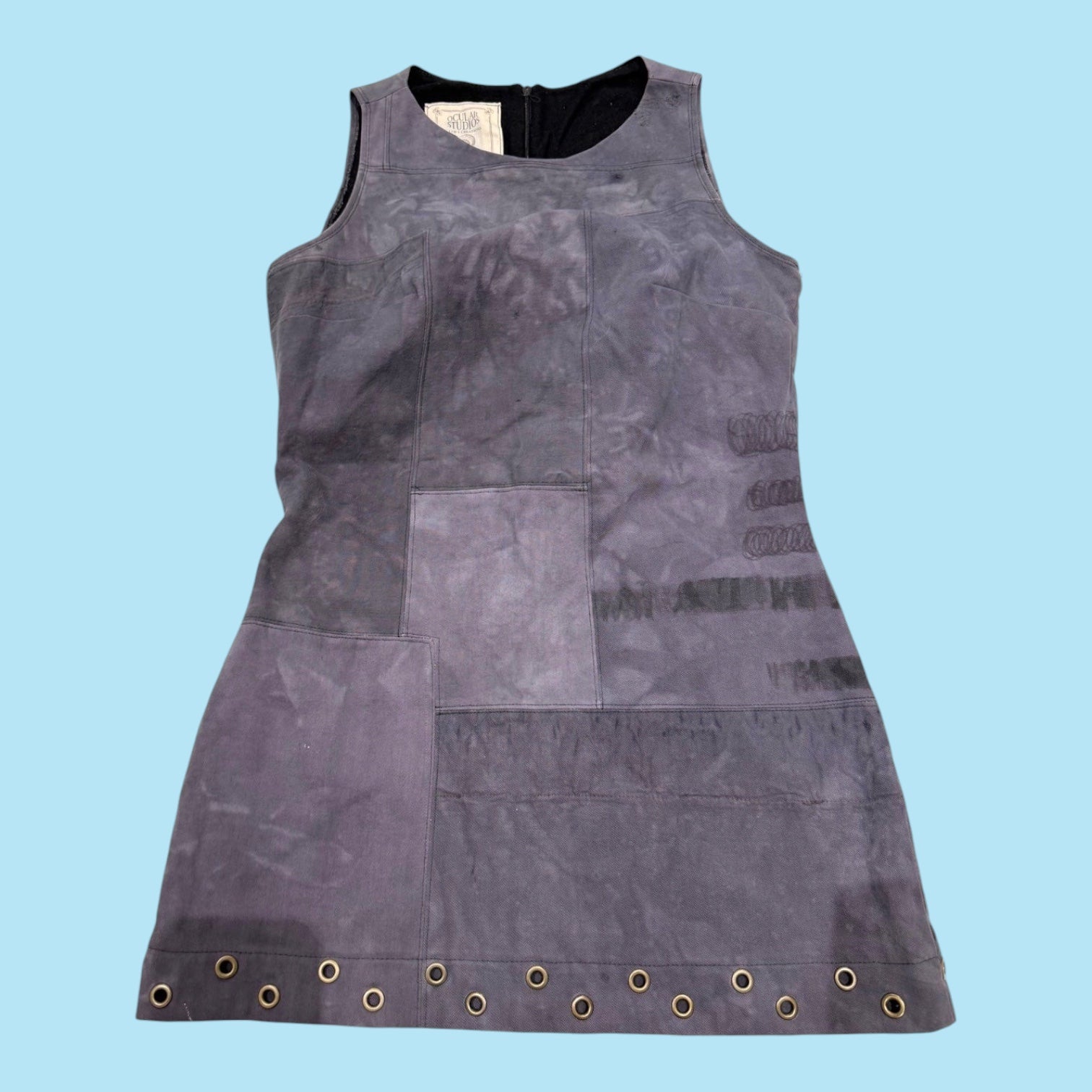 Blue Greenie gray suede patchwork dress with eyelet hem details and visible stitching for an edgy aesthetic
