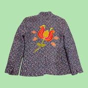 Blue Greenie J. Crew tweed jacket with a vibrant pink and yellow floral appliqué on the back