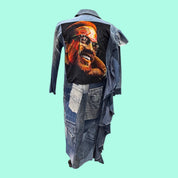 Blue Greenie denim patchwork coat featuring a vibrant Malcolm X graphic print on the back, size large.