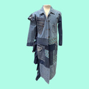 Blue Greenie Malcolm X denim patchwork coat with ruffled side detail and mixed wash denim panels on a mannequin