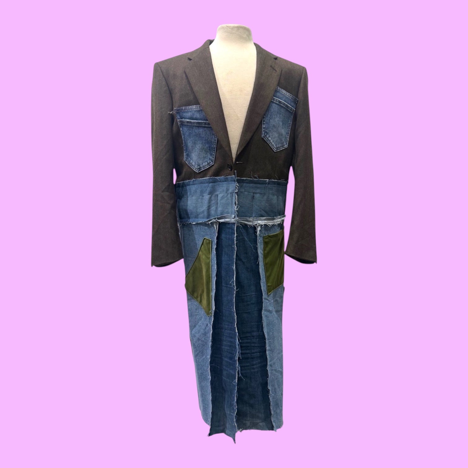 Blue Greenie Ulka blazer denim coat featuring a brown upper, patchwork denim lower, and olive green fabric accents.