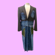 Blue Greenie Ulka blazer denim coat featuring a brown upper, patchwork denim lower, and olive green fabric accents.