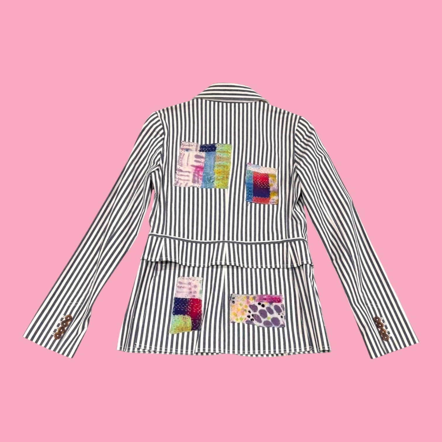 Blue Greenie Derek Lam unlined striped blazer with colorful upcycled fabric patches on the back