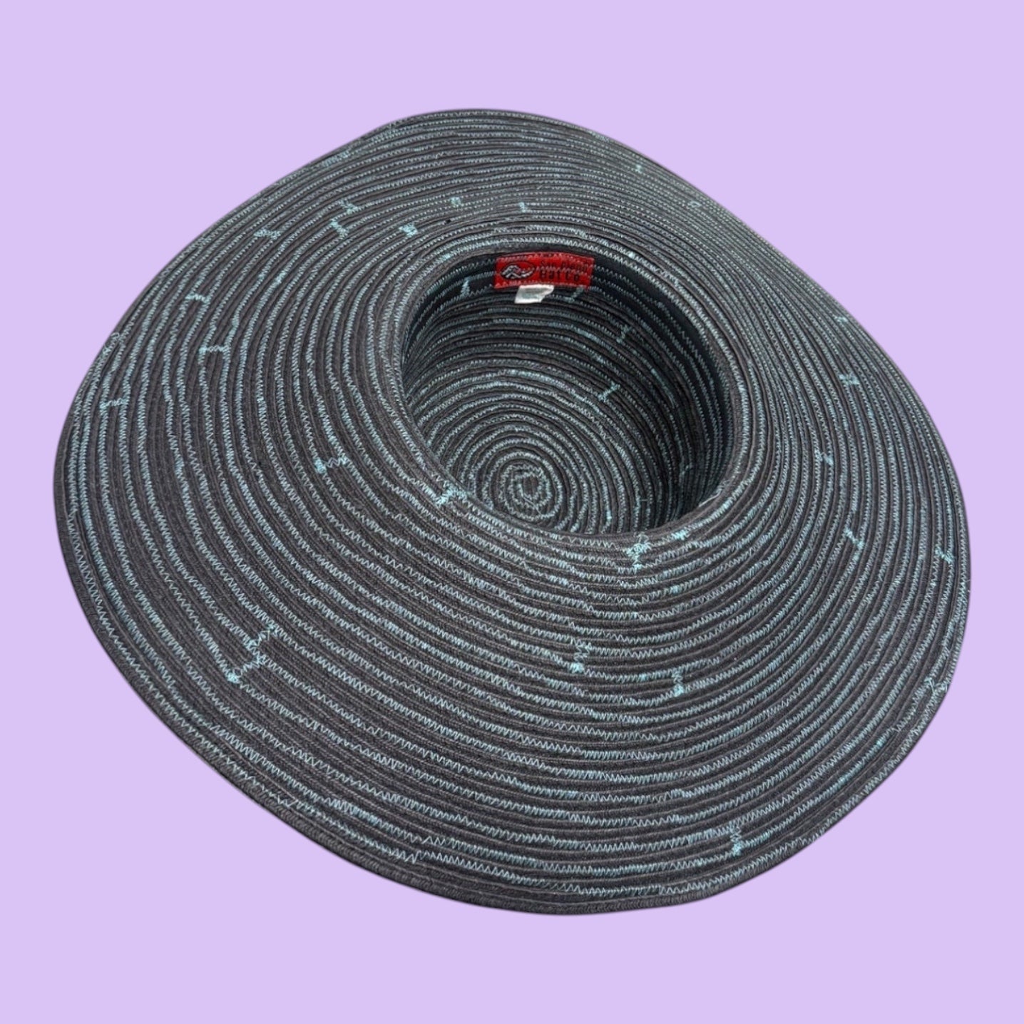 Blue Greenie large brim hat made from recycled colorful t-shirt strips in dark grey with light blue accents