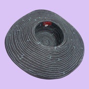 Blue Greenie large brim hat made from recycled colorful t-shirt strips in dark grey with light blue accents