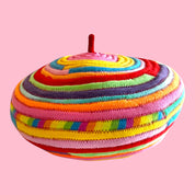 Blue Greenie red wool beret featuring colorful sewn t-shirt fabric strips in a circular pattern