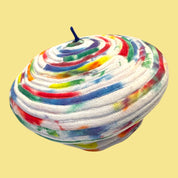 Blue Greenie size L beret crafted from coiled tie-dye t-shirt strips in vibrant multi-colored patterns