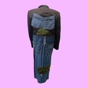 Blue Greenie Ulka blazer denim coat featuring a patchwork back design with dark fabric, blue denim, and olive accents.