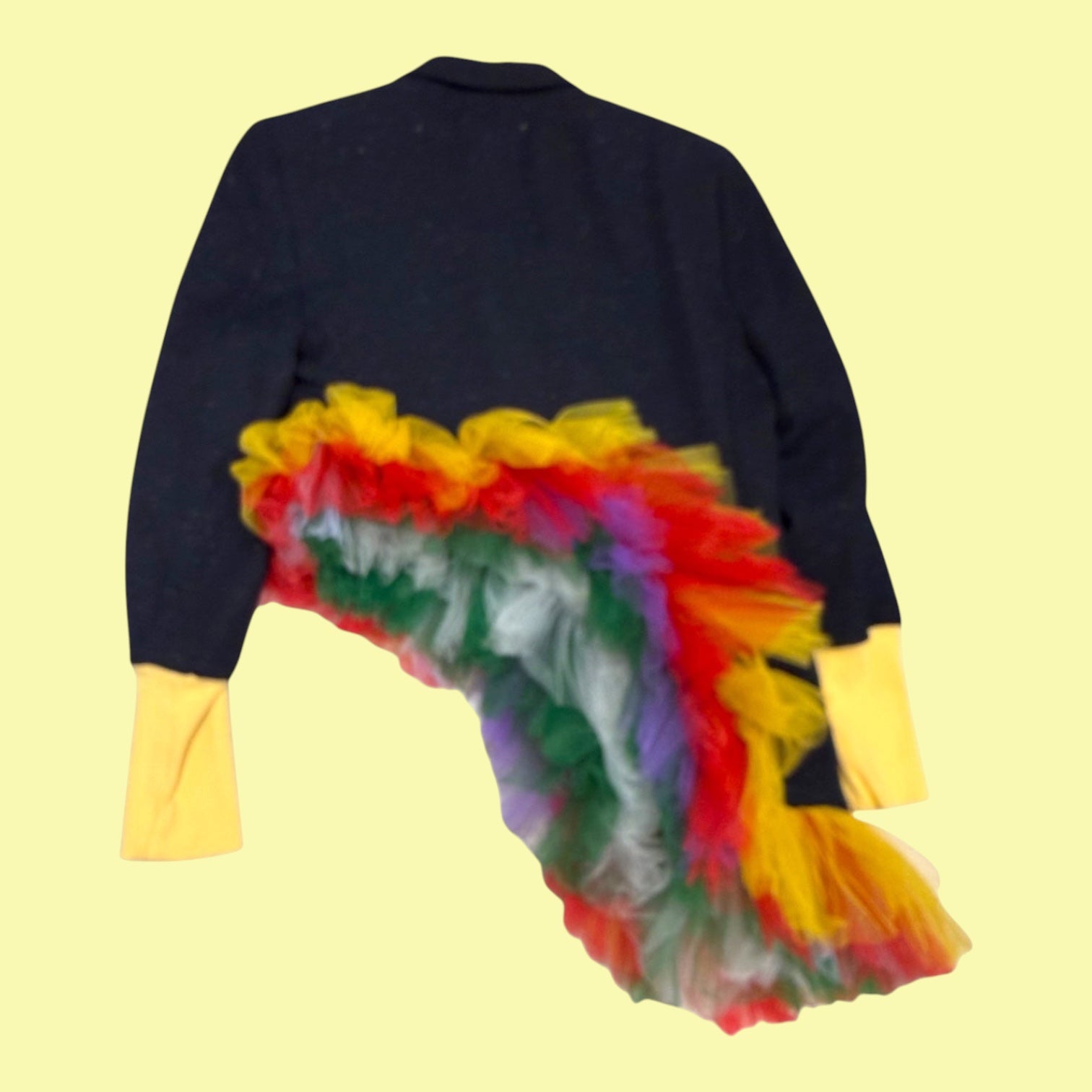 Blue Greenie Ulka Tulle Blazer in black with vibrant multi-colored tulle ruffle detail and yellow sleeve cuffs
