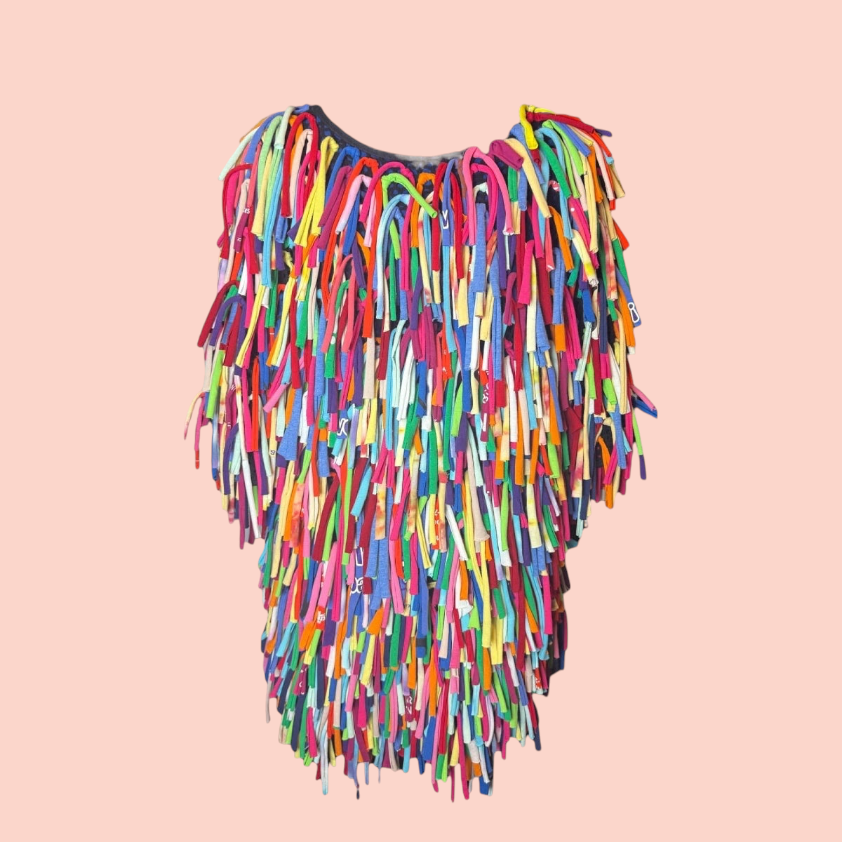 Blue Greenie upcycled short sleeve shirt covered in vibrant multi-colored t-shirt fabric strips on a net base