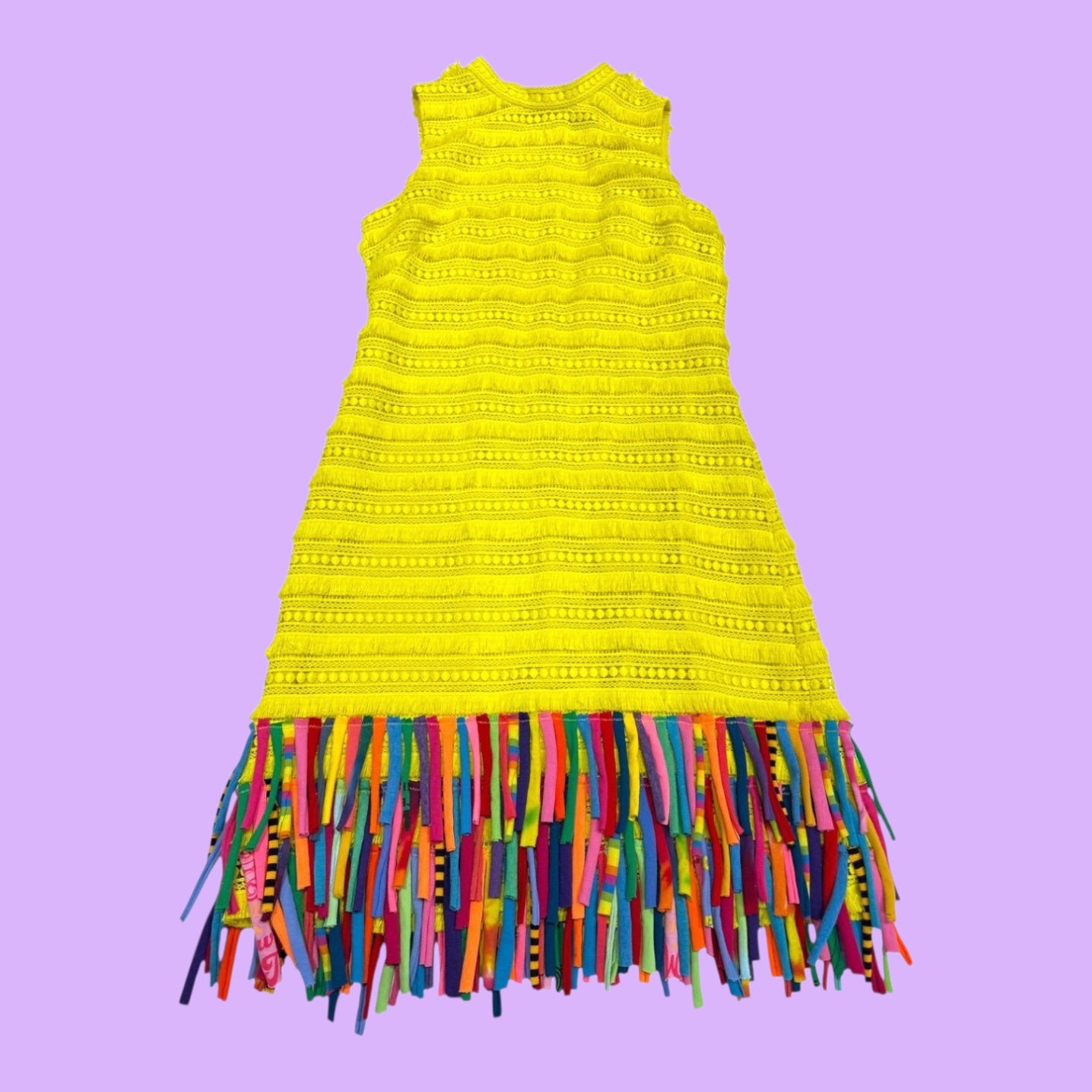 Blue Greenie yellow J Crew lace dress with a vibrant multi-colored upcycled t-shirt strip fringe hem.