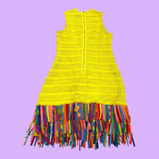 Blue Greenie yellow J Crew lace dress with a vibrant multi-colored upcycled t-shirt strip fringe hem